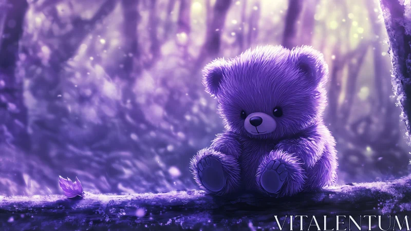 Lavender plush teddy bear on frosted log in glowing forest