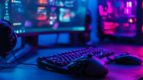 RGB-lit gaming setup glows in neon blue and magenta haze