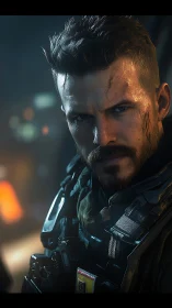 Futuristic armored soldier portrait in dim urban setting.