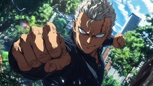 Dynamic urban punch vector with foreshortened anime anatomy.