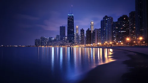 Nocturnal shoreline skyline with specular urban reflections.