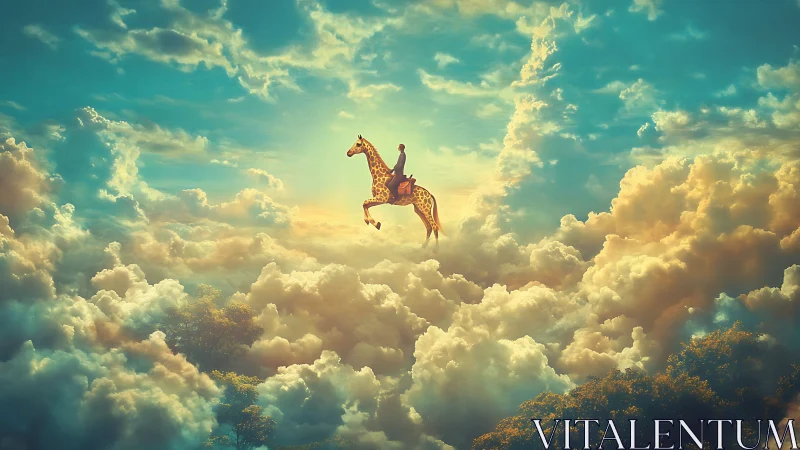 Skybound giraffe steed and fearless rider above dream clouds.