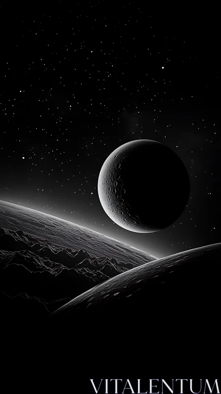 Monochrome orbital landscape with crescent moon in relief.