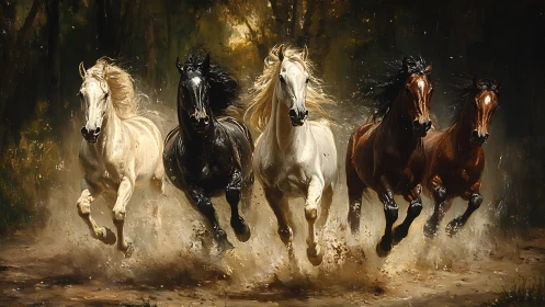 Galloping thunderchorus of five wild horses storms forward