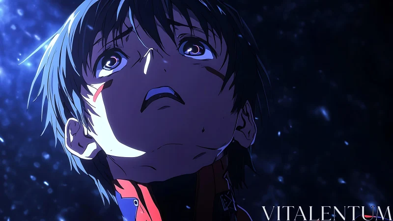 Low-angle anime portrait of distressed pilot under cold light