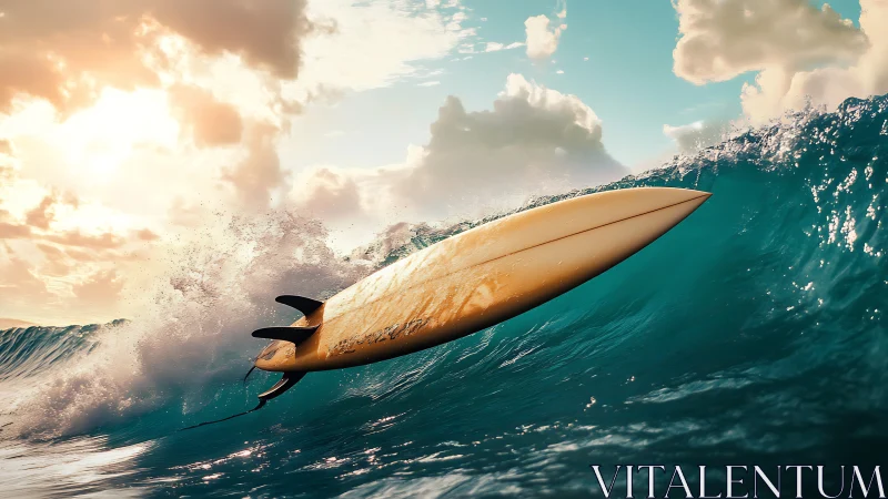 Runaway surfboard rockets skyward on a turquoise breaker