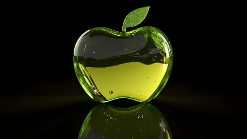 Glossy Green Glass Apple with Liquid Core on Black Background.