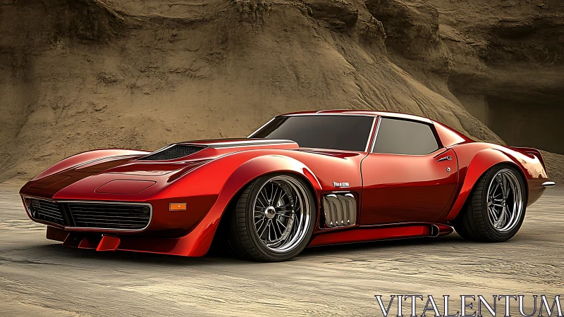 Rendered red sports coupe is parked on textured desert ground