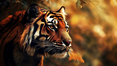 Profile study of Bengal tiger under warm autumn bokeh light