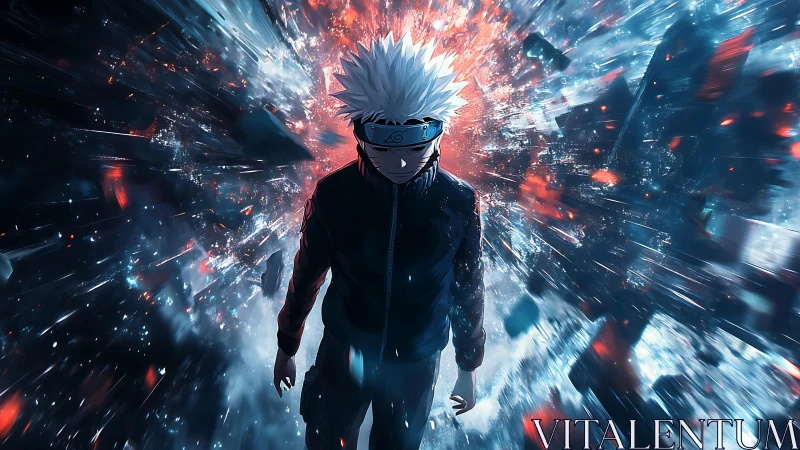 White haired anime figure amid radial energy fragments.