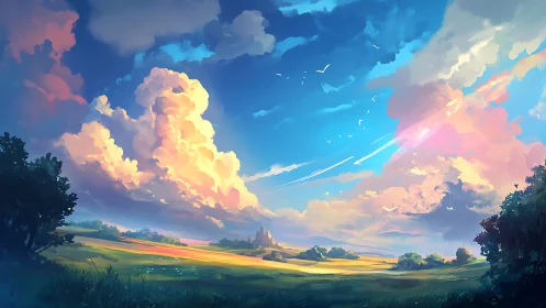 Digital landscape depicts expansive fields under cumulus clouds