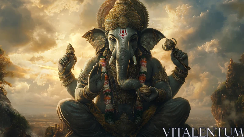 Gentle Ganesha seated in golden light above the clouds.