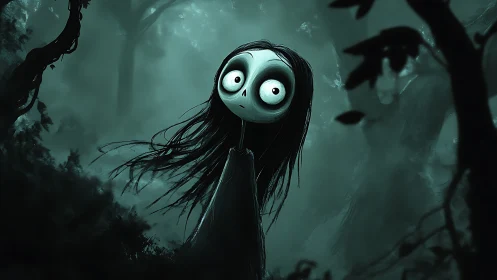 Ghostly wide-eyed girl haunts misty teal forest. Period.