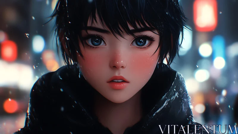 Close-up anime-style portrait shows girl in night city
