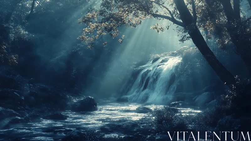 Ethereal Waterfall in Ancient Forest Gorge.