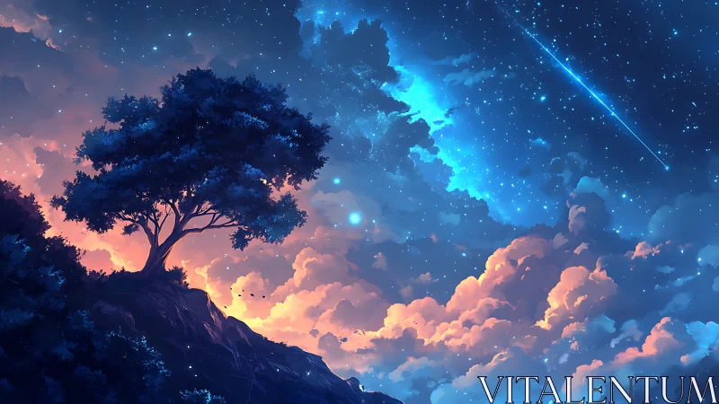 Starlit hillside tree gazes up into glowing clouds and sky