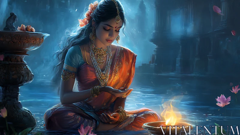 Serene woman in sari by water with lotus and flame.