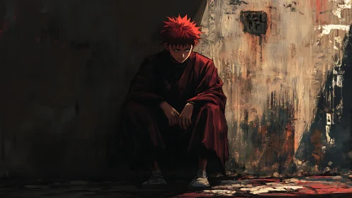 Solitary red-haired figure in chiaroscuro alleyway gloom.