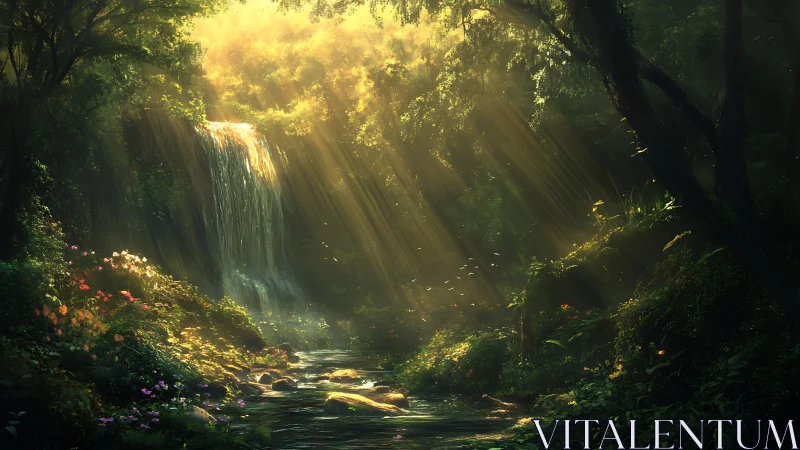 Sunlit forest waterfall where quiet light feels alive.