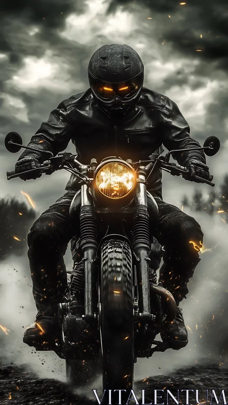 Armored rider on retro scrambler in stormlit cinematic charge