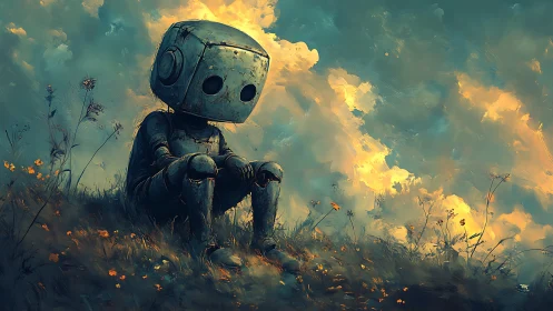 Rusty dreamer robot watches storm-lit clouds drift by