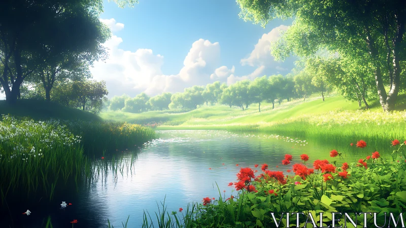 Sunlit river meadow with bright red wildflowers in bloom.