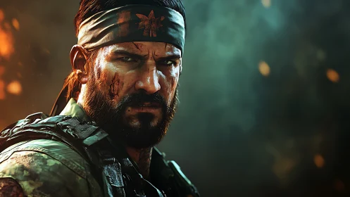 Scarred soldier in emberlit fog stares down the horizon.