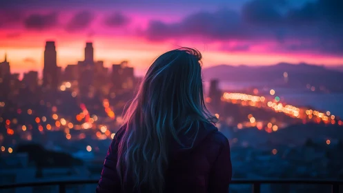 Digital painting portrait over neon city at dusk skyline.