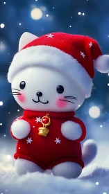 Soft-lit 3D chibi cat in red Christmas outfit amid falling snow