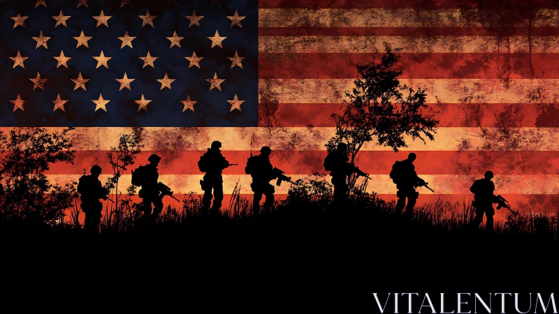 Silhouetted infantry patrol over distressed US flag field.
