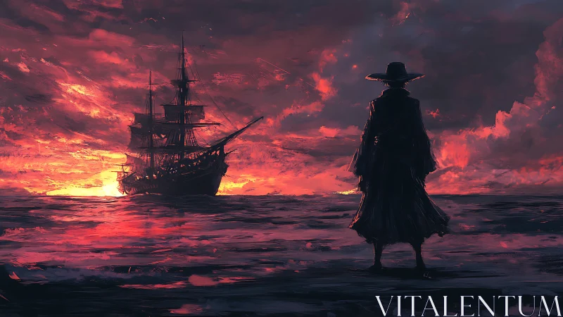 Solitary figure watches sailing ship against red sunset sky