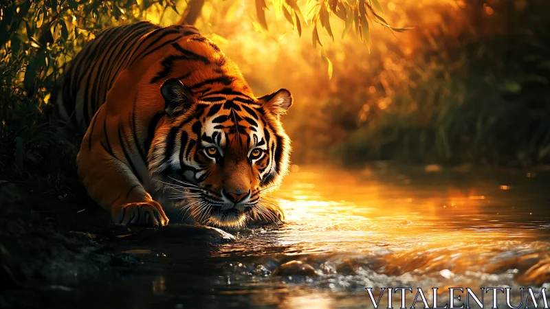 Tiger stalks riverbank under molten golden sunset glow.