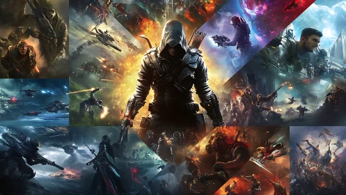 Shadow archer strides through fractured galaxies of war and light