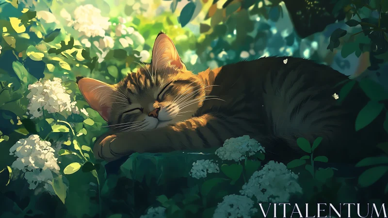 Tabby Cat Resting Among White Flowers in Golden Afternoon Light