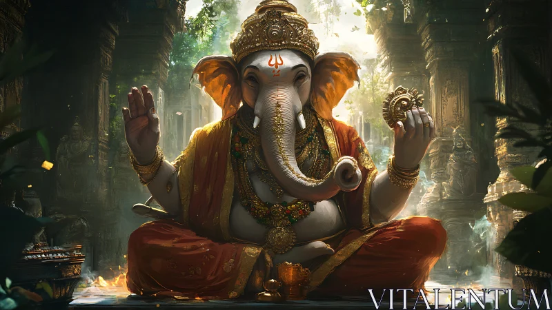 Seated Ganesha figure in ornate temple setting at dawn.