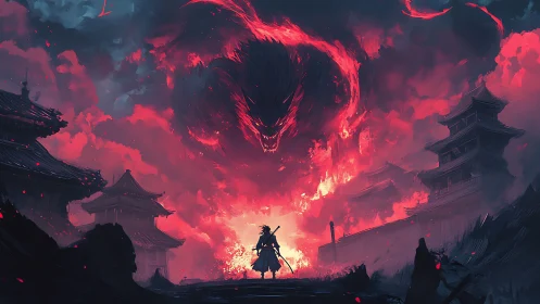 Crimson storm coils as a lone samurai confronts the sky beast