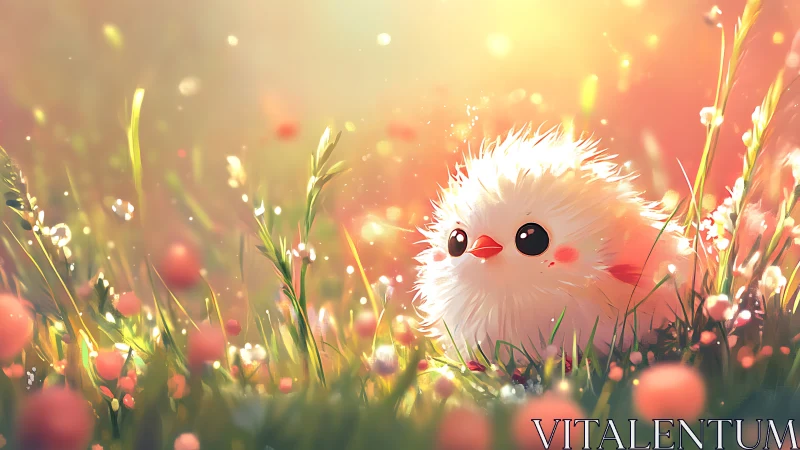 Fluffy white chick sits in sunlit grass with soft bokeh