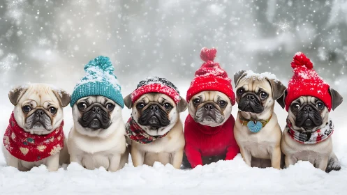 Snowy pug parade in cozy winter sweaters and hats.