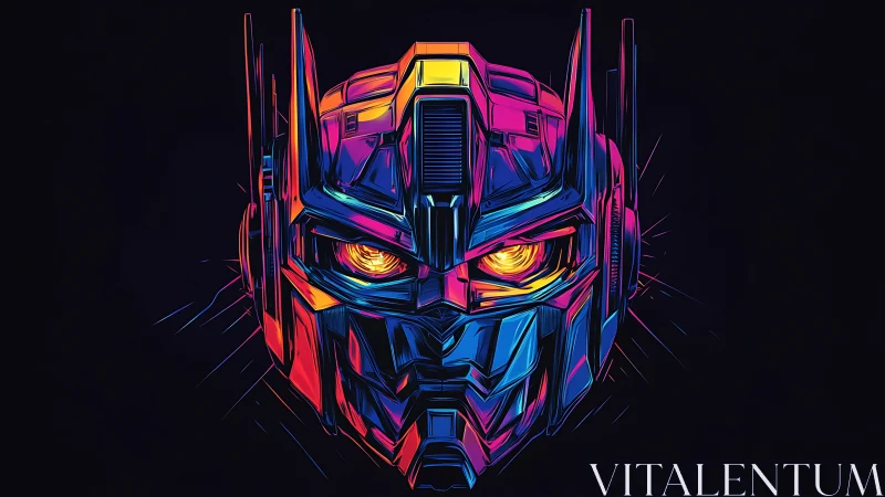 Neon colored robotic helmet front view on dark background.