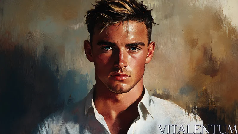 Storm-eyed young man crowned in painterly golden light.