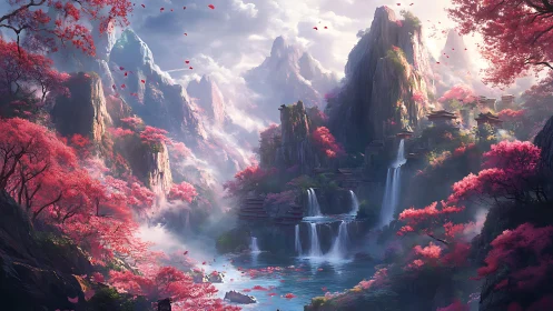 Mythic cherry blossom valley with waterfalls and temples.