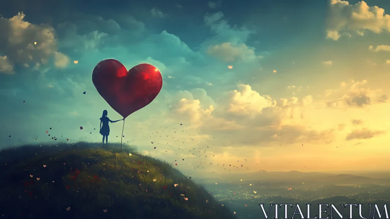 Silhouetted soul grasping luminous love against golden sky.