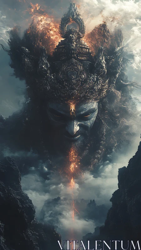 Volcanic deity face emerges from clouded chasm with molten core