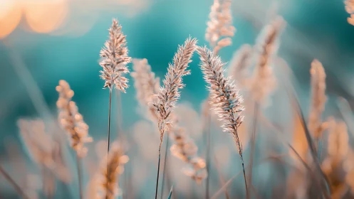 Soft meadow spires glowing in teal and apricot dusk haze.
