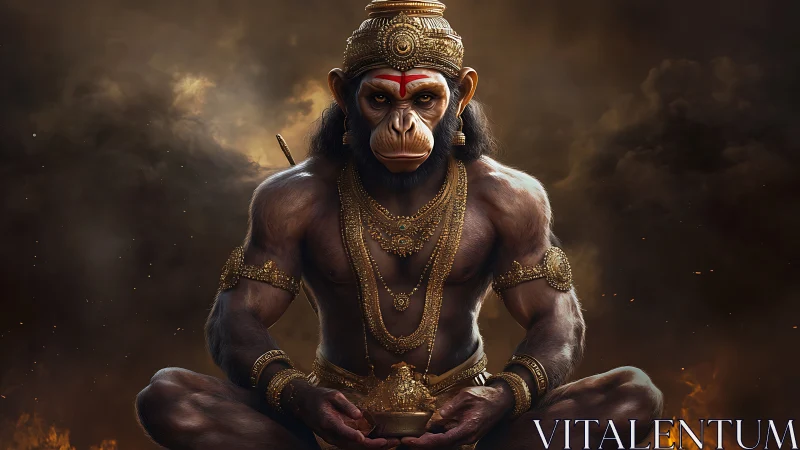 Mythic monkey warrior rests in golden, firelit meditation.