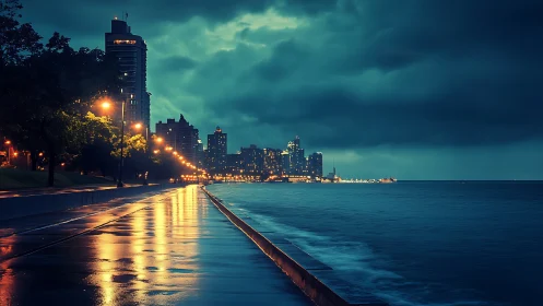 Coastal city promenade at night under dense storm clouds.