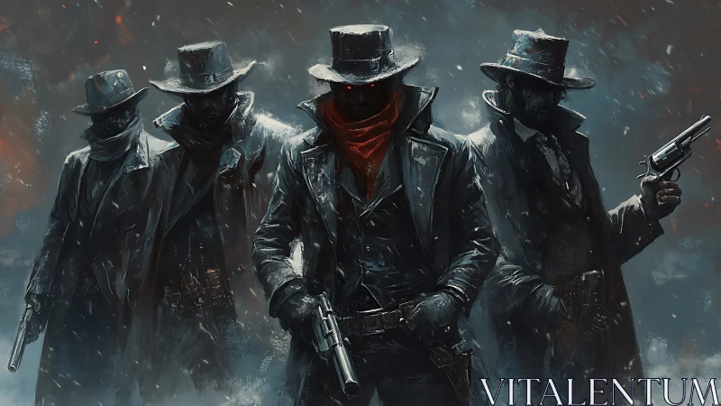 Four armed cowboys stand in dark coats with drawn guns
