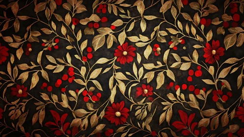 Ornate gold leaf floral pattern with red blossoms on dark field