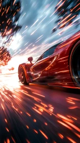 Red supercar racing on road with motion and sparks effect.