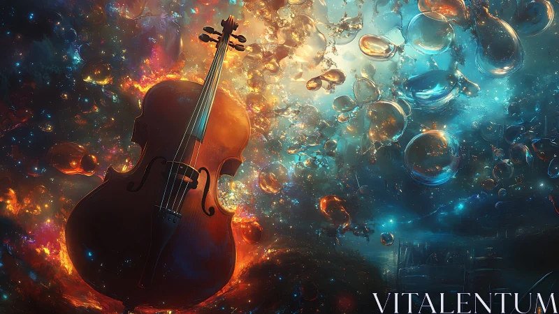 Cello suspended in luminous cosmic liquid with spectral refractions